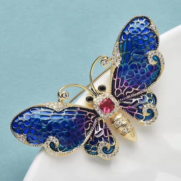 Anthropologie Luxury Elegant Blue Gold Butterfly Brooch - Picture 1 of 10